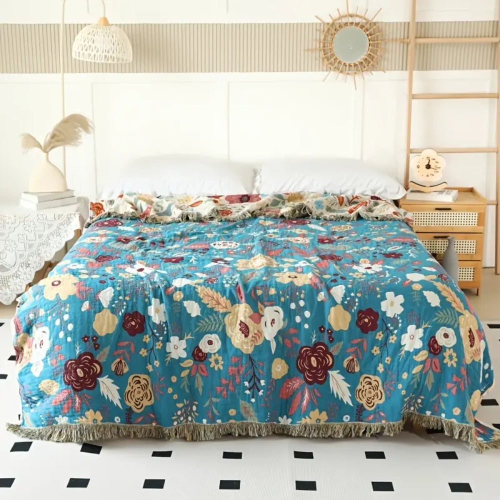 Vibrant Floral Garden Tassel Trim Blanket — product detail view