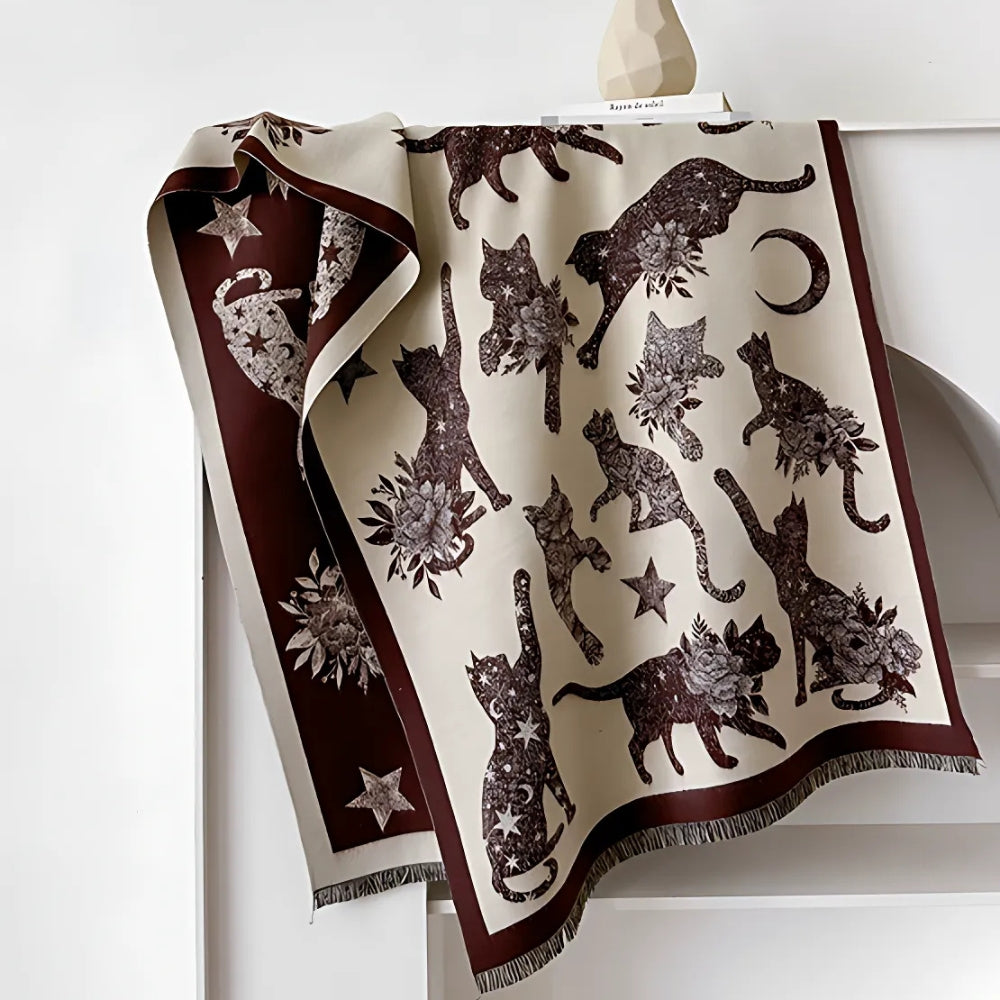 Vintage-Inspired Cat Print Scarf — lifestyle shot
