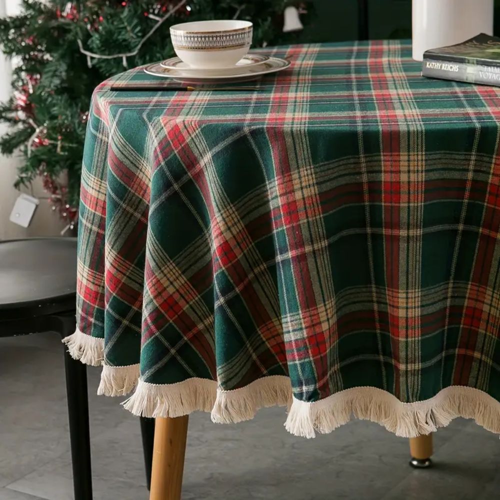 Vintage Holiday Plaid Round Tablecloth — main product photo