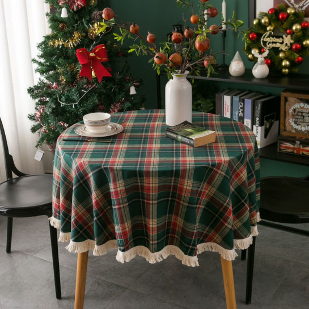 Vintage Holiday Plaid Round Tablecloth — additional view