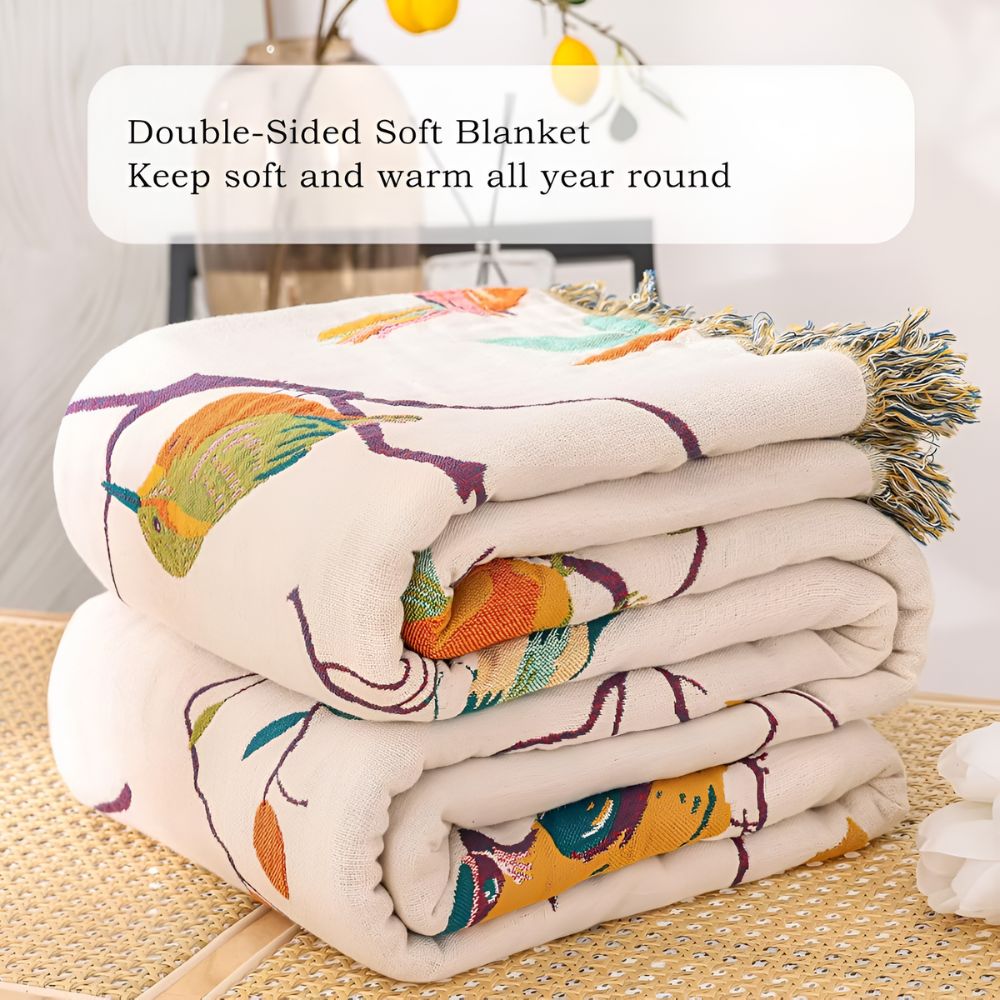 Whimsical Bird Tassel Cotton Blanket — product feature detail