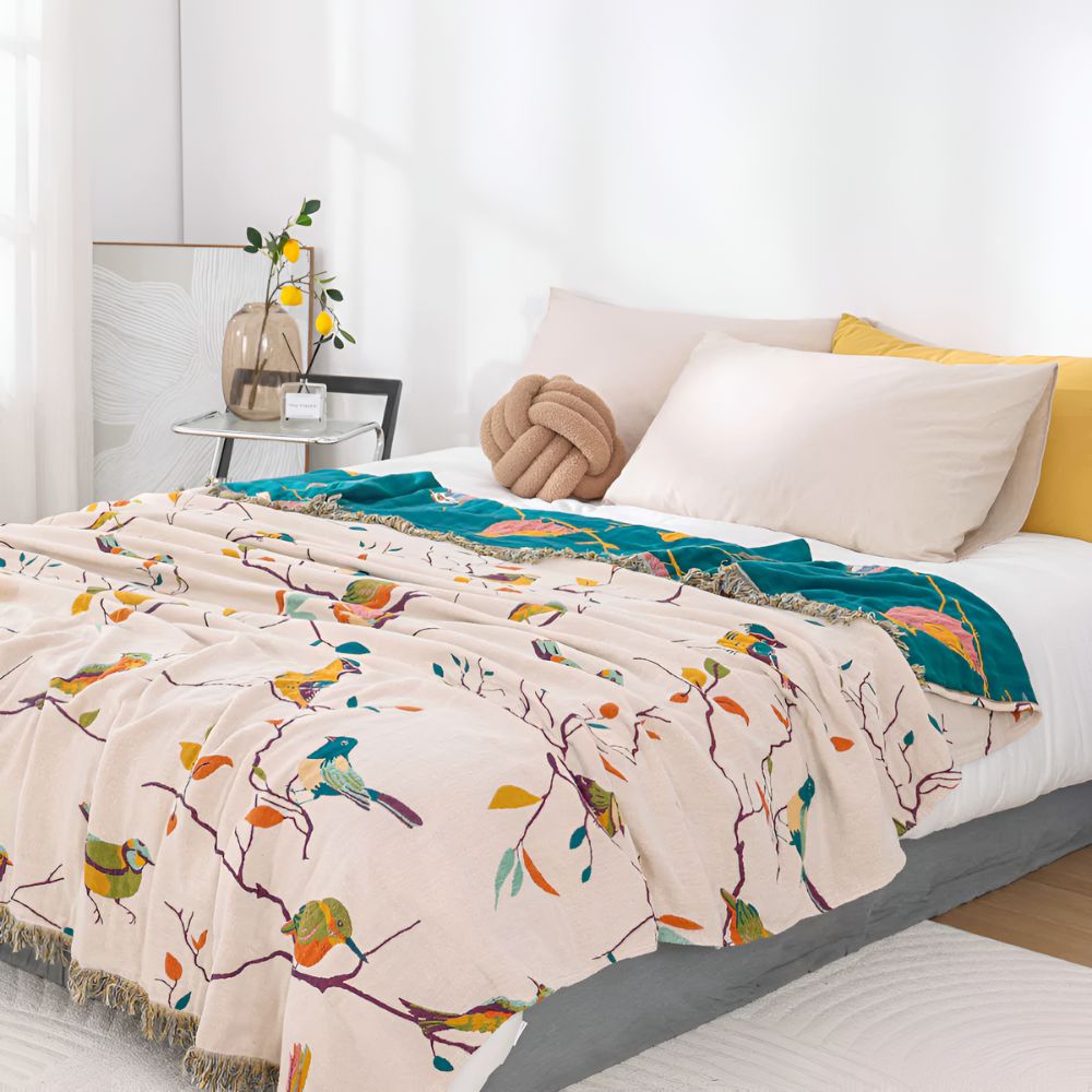Whimsical Bird Tassel Cotton Blanket — alternate angle view
