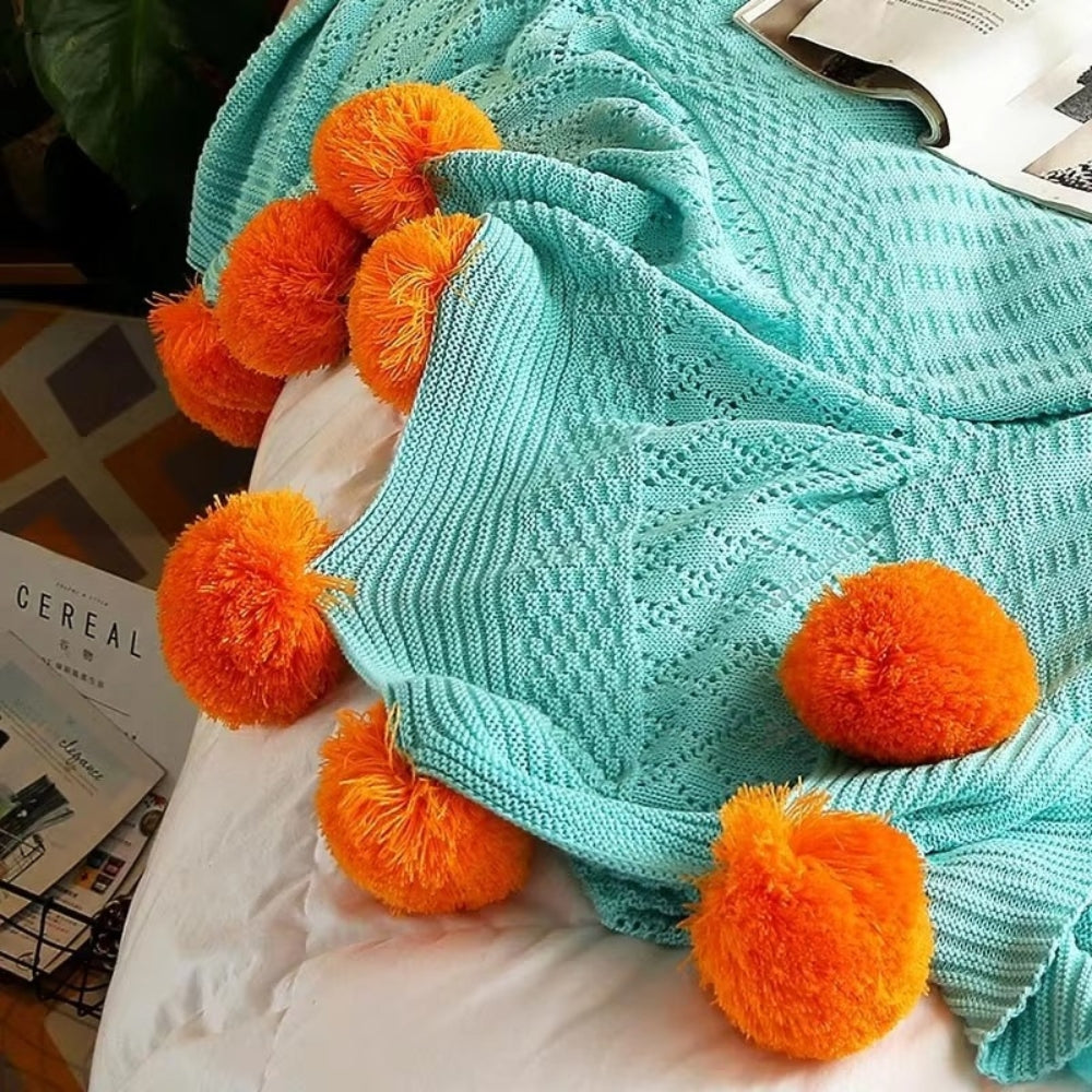 Whimsy Fluffy Pom-Pom Macaron Blanket — product detail view