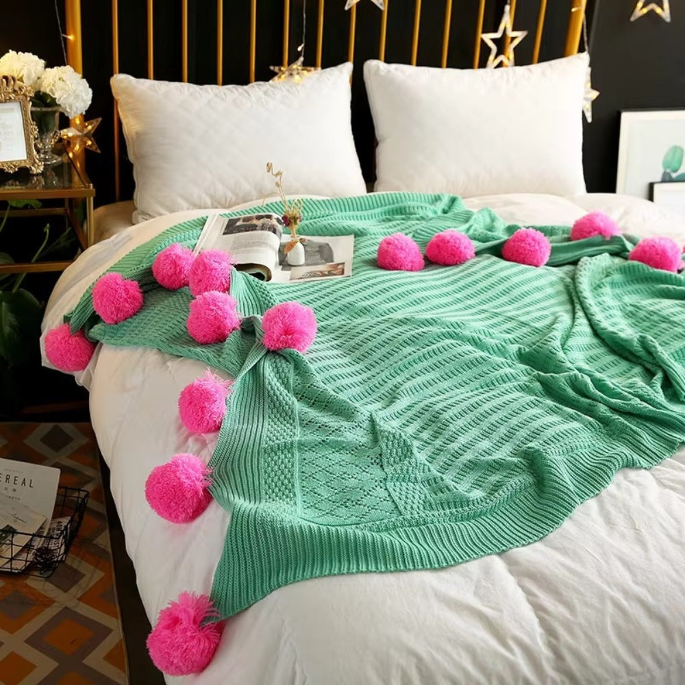 Whimsy Fluffy Pom-Pom Macaron Blanket — main product photo