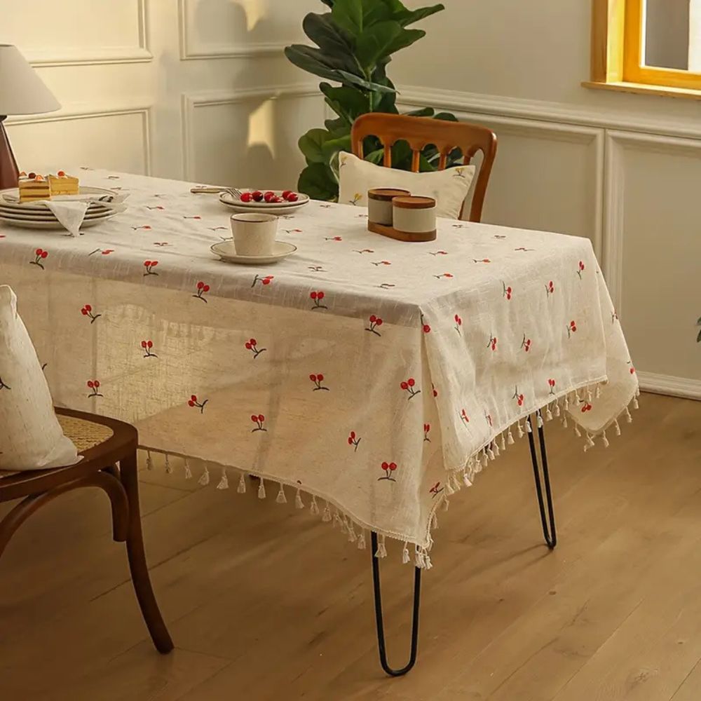 Vintage Red Cherry Tassel Tablecloth — main product photo