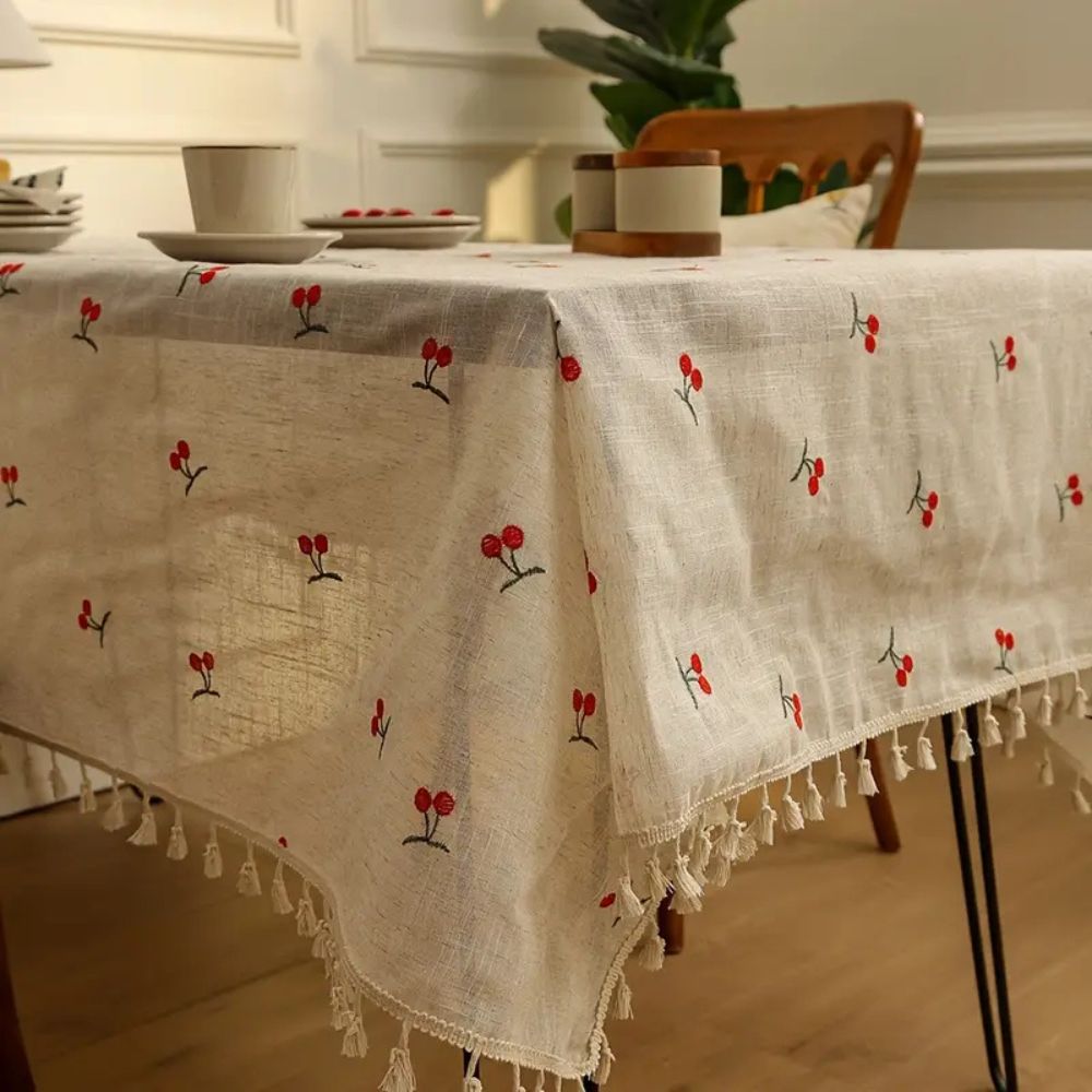 Vintage Red Cherry Tassel Tablecloth — product in use