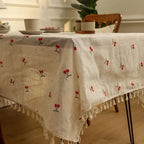 Vintage Red Cherry Tassel Tablecloth — product in use