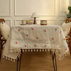 Vintage Red Cherry Tassel Tablecloth — product close-up