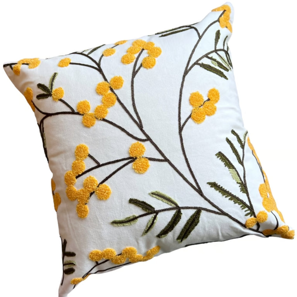 Yellow Bloom & Leaf Embroidery Cushion Cover — additional view
