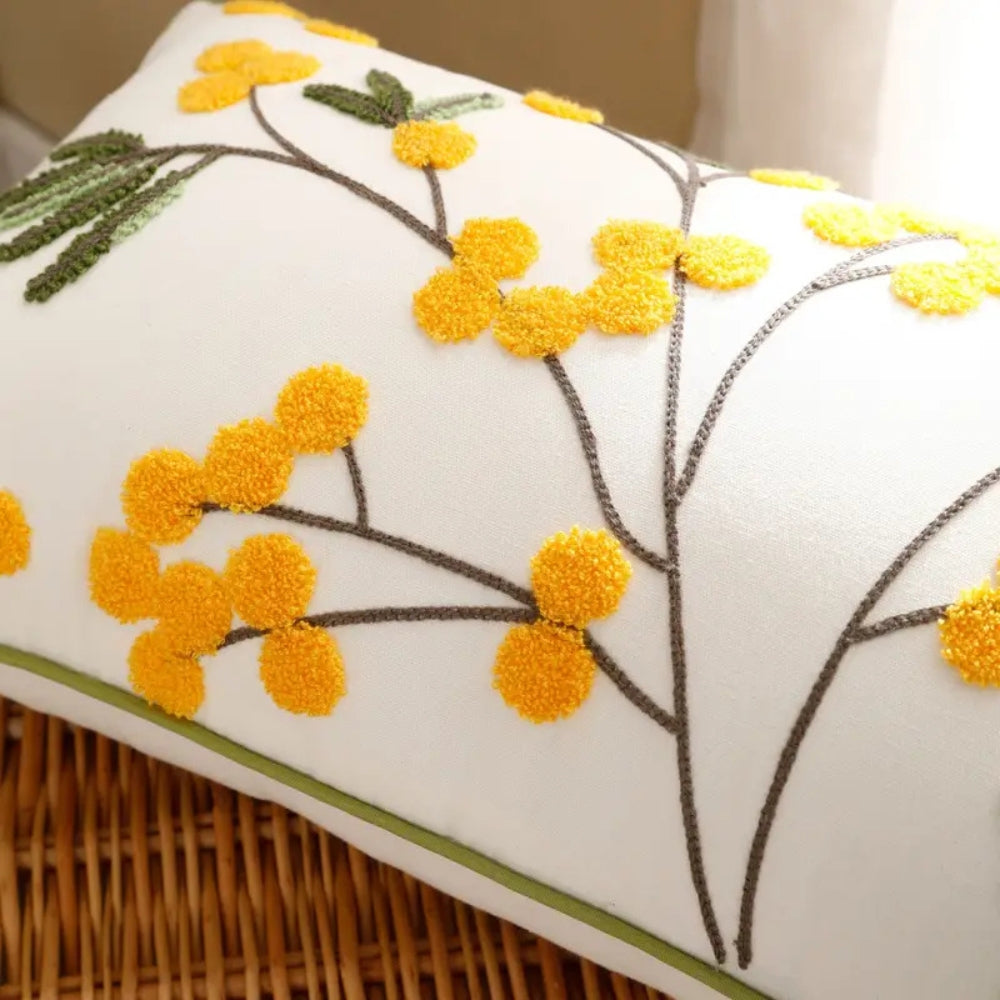 Yellow Bloom & Leaf Embroidery Cushion Cover — product detail view