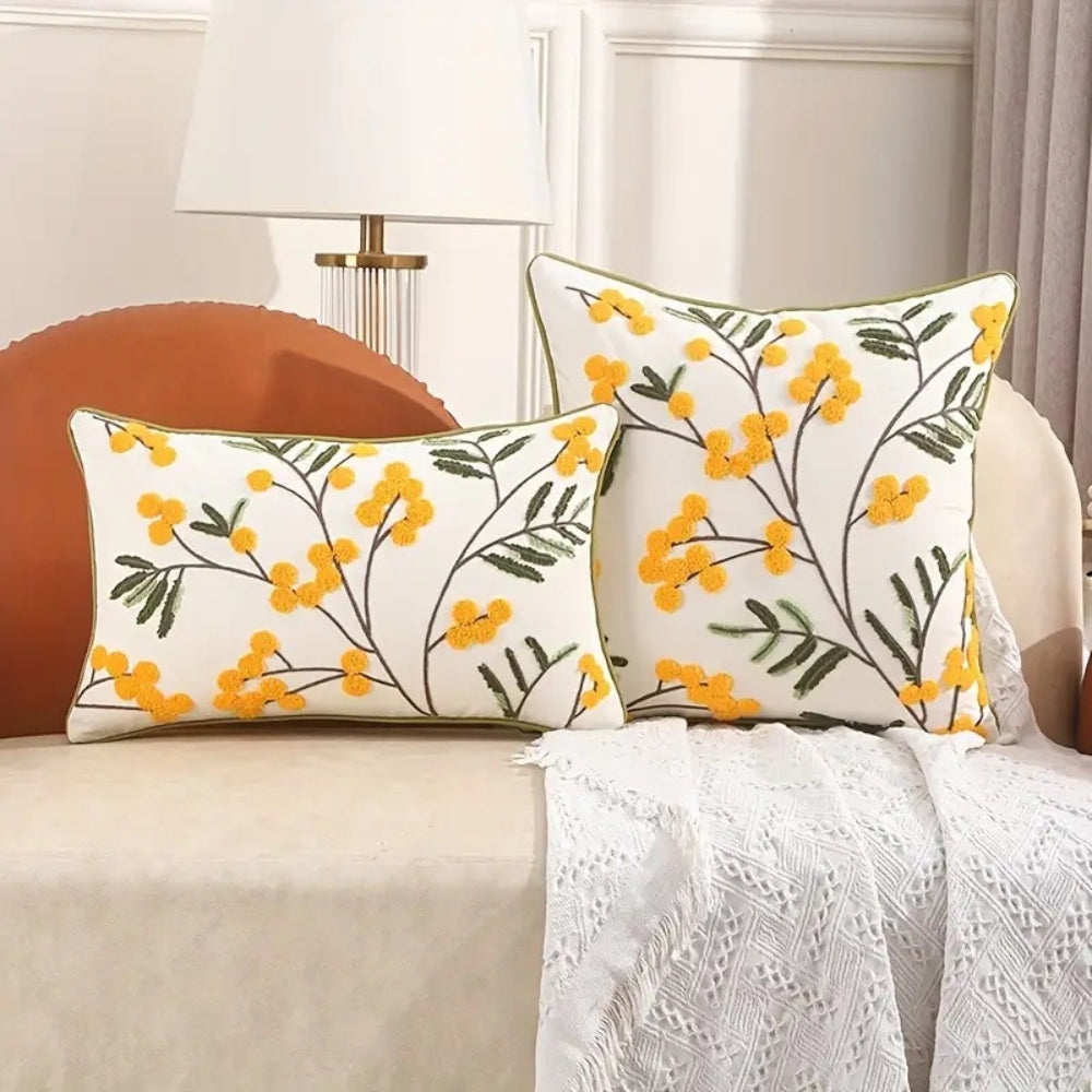 Yellow Bloom & Leaf Embroidery Cushion Cover — main product photo