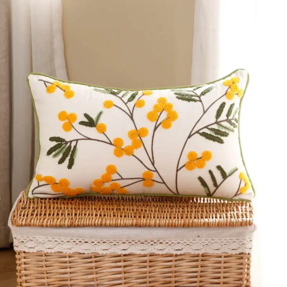 Yellow Bloom & Leaf Embroidery Cushion Cover — alternate angle view
