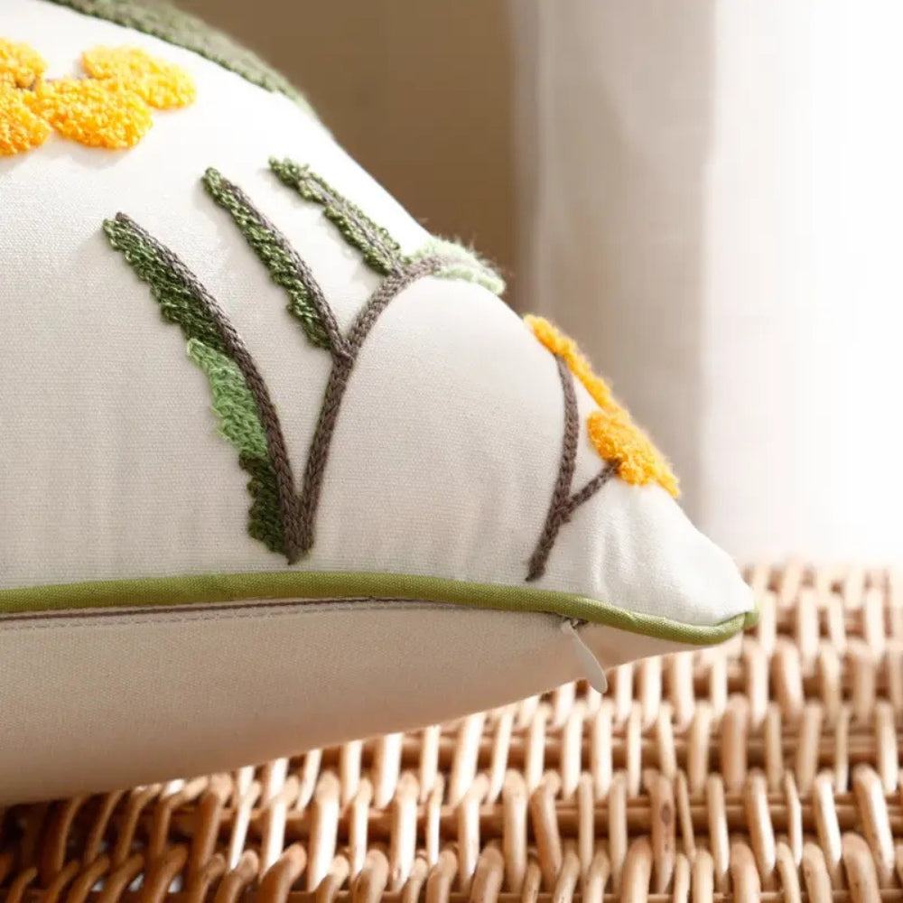 Yellow Bloom & Leaf Embroidery Cushion Cover — lifestyle shot