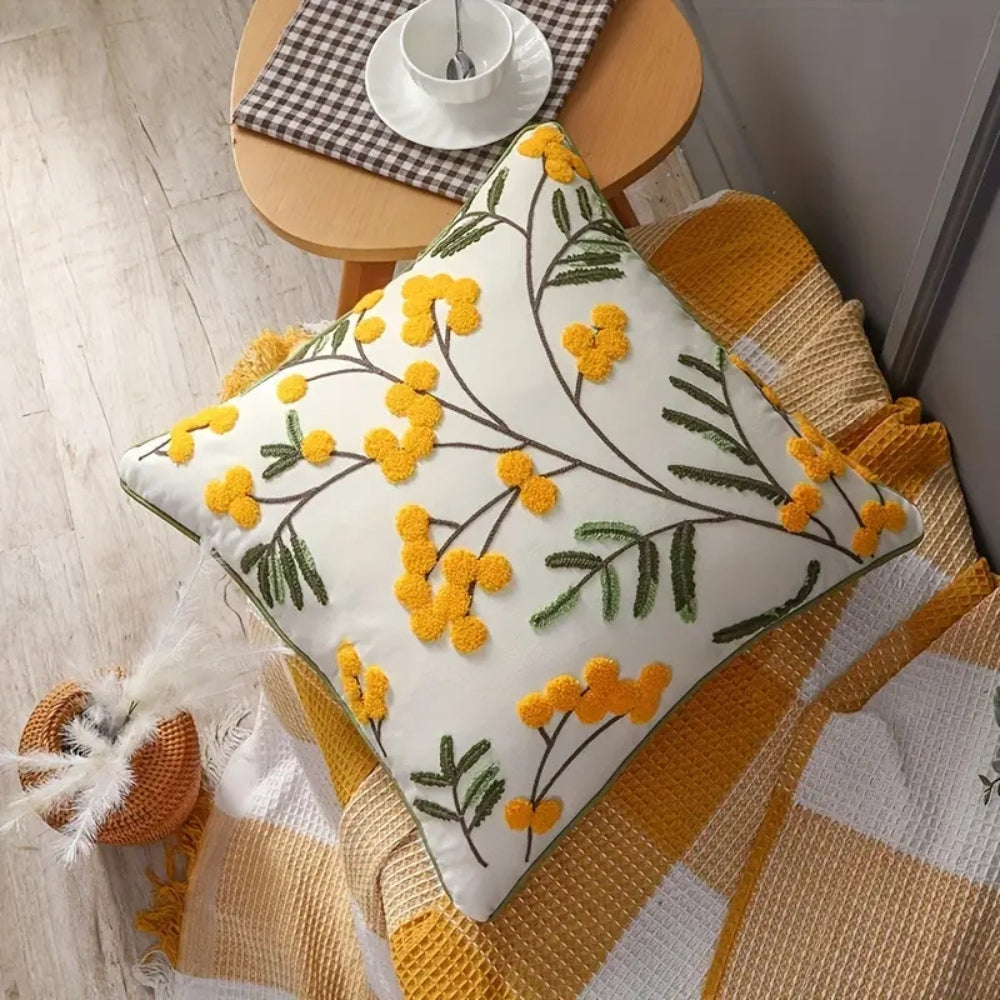 Yellow Bloom & Leaf Embroidery Cushion Cover — product in use