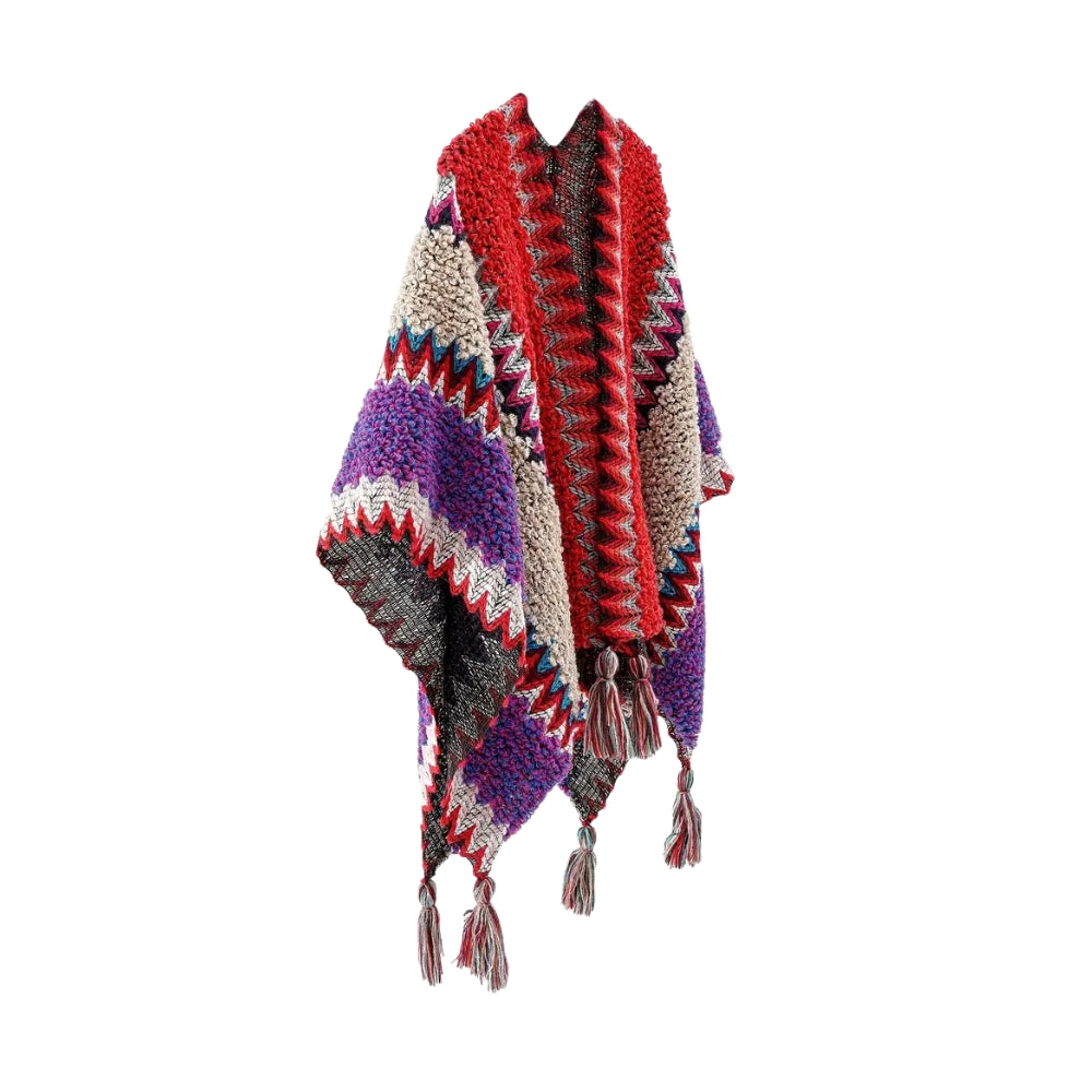 Zayla Tassel Striped Poncho Shawl — product in use