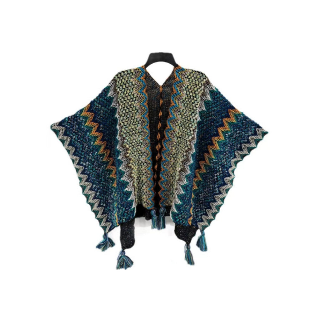 Zayla Tassel Striped Poncho Shawl — product feature detail