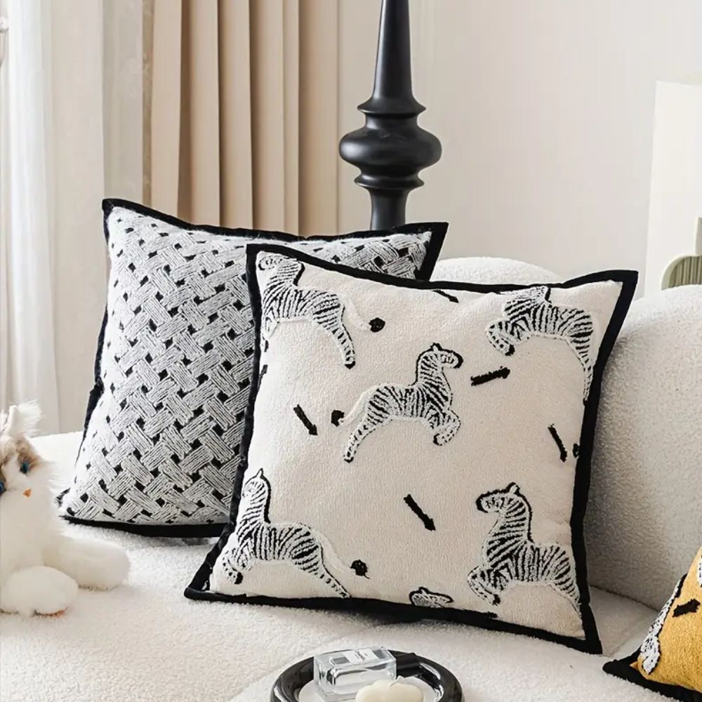 Zebra Dash Embroidered Cushion Cover — product in use