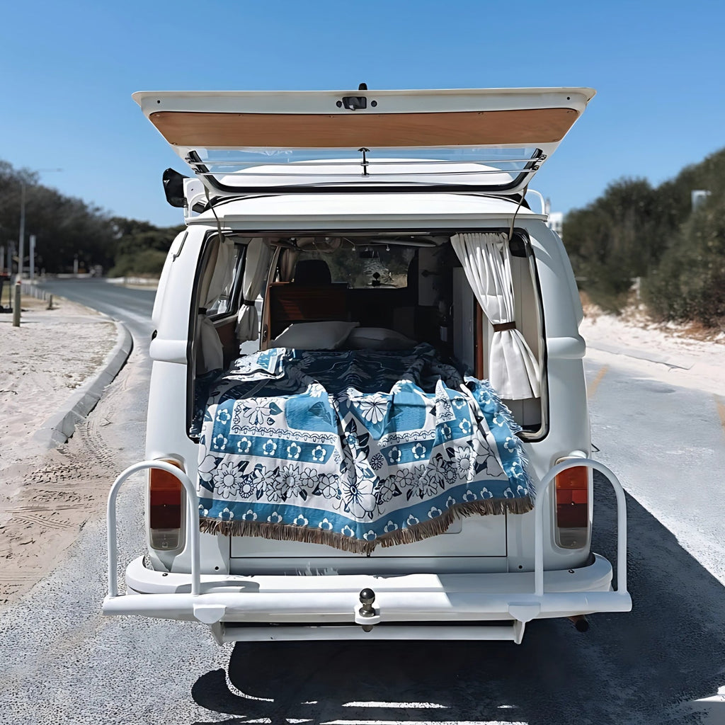 Blue Daisy Bloom Boho Travel Outdoor Blanket — product in use