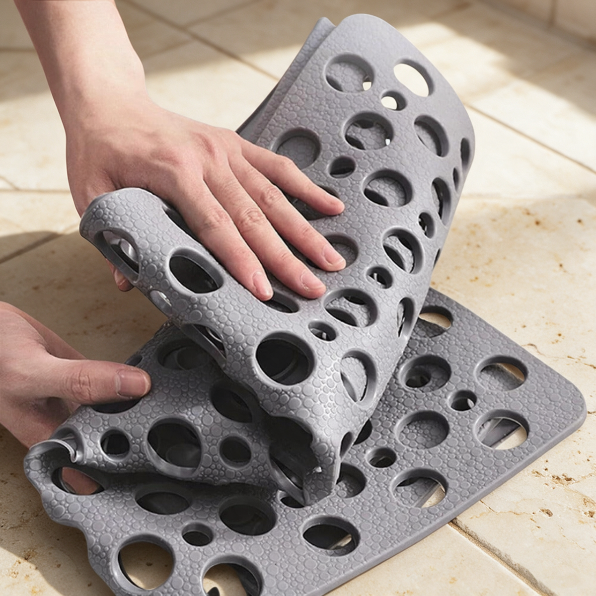 Hands lifting the Secure Shower Mat to show how flexible it is and how easily it releases for cleaning