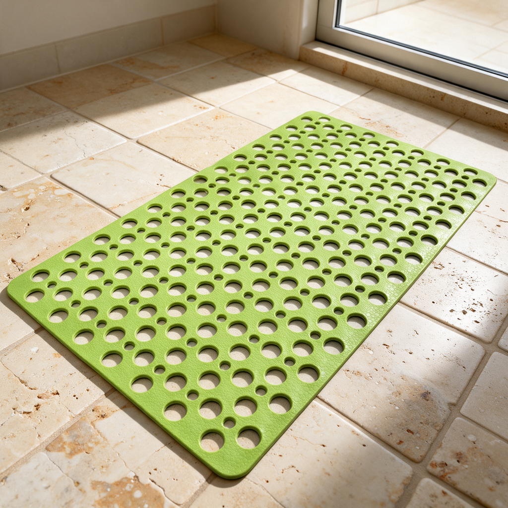 Green Secure Shower Mat on travertine tile in morning light