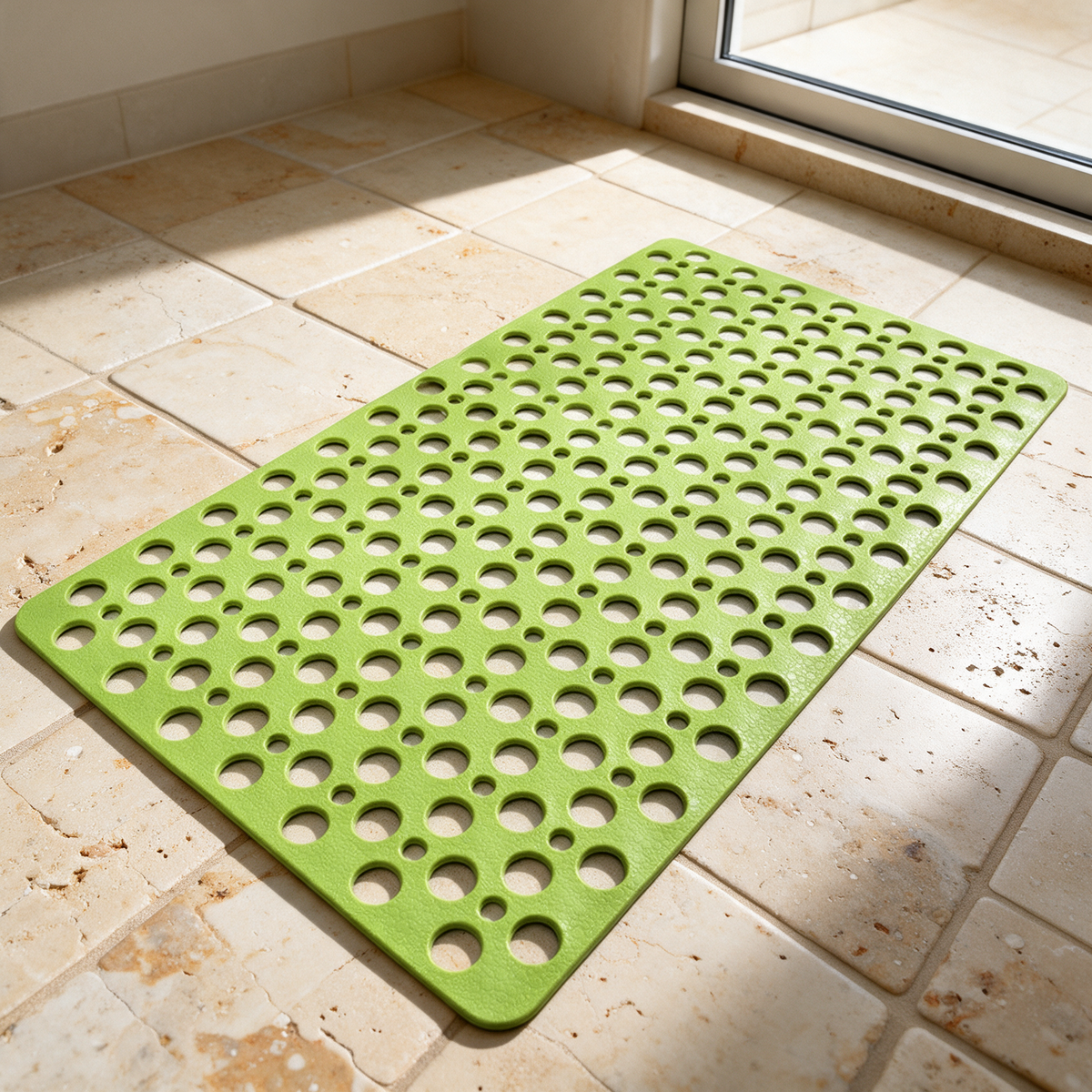 Green Secure Shower Mat on travertine tile in morning light