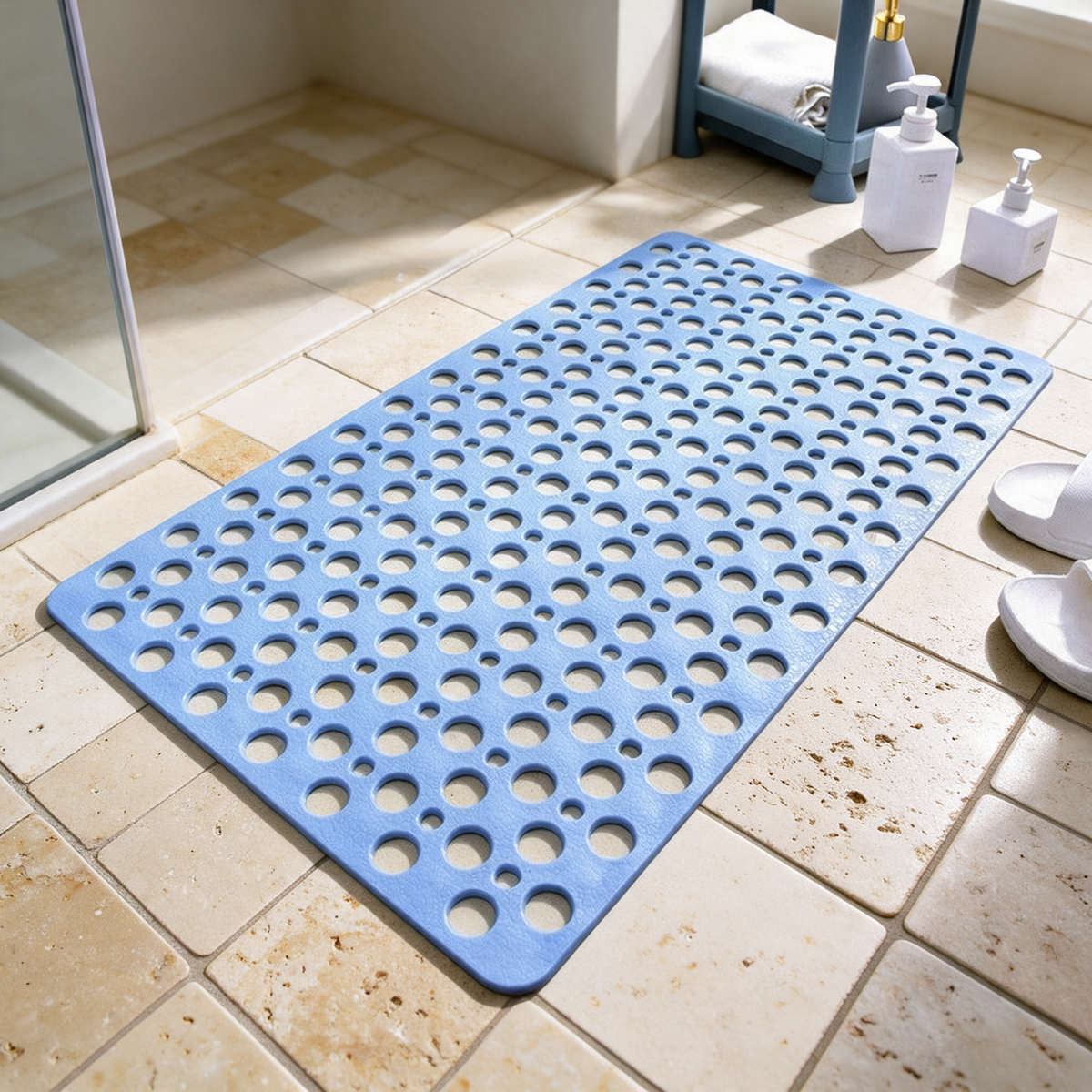 Blue Secure Shower Mat on travertine tile beside a shower screen
