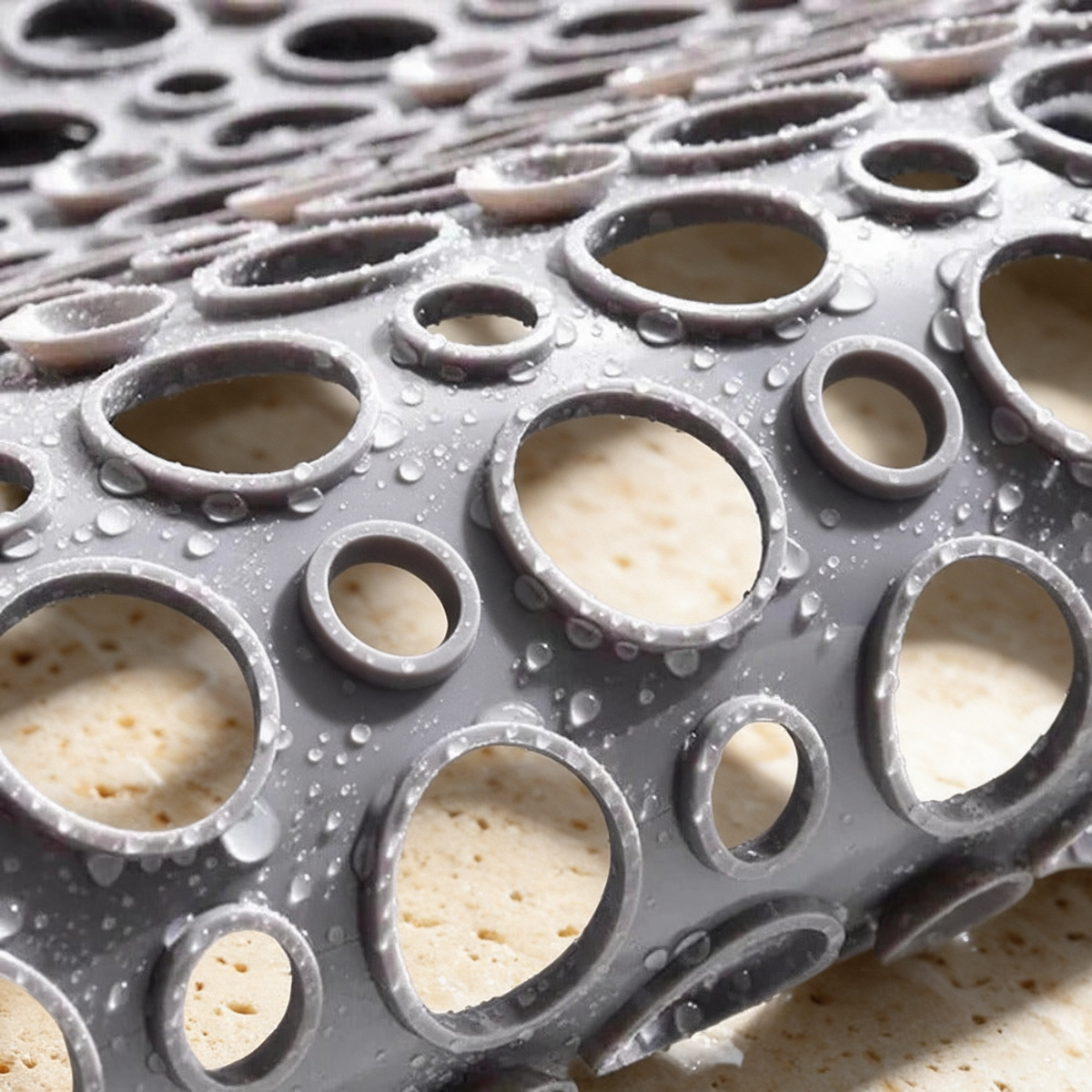 Close-up of the Secure Shower Mat drainage holes and suction cups with water draining through