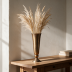 Slim Antique Gold Vase on an oak console table with tall dried pampas and wheat stems