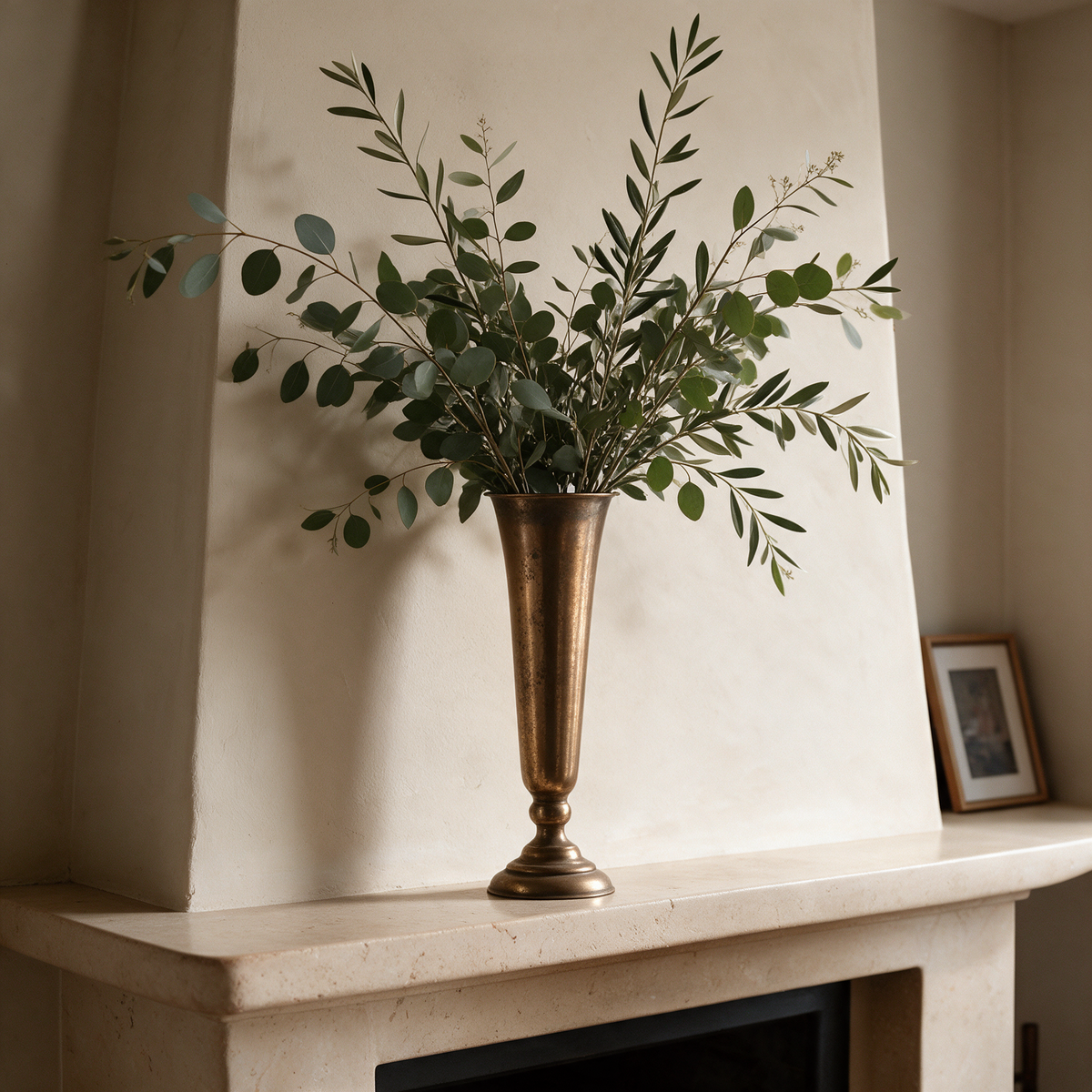 Slim Antique Gold Vase on a limestone mantelpiece with eucalyptus and olive branches