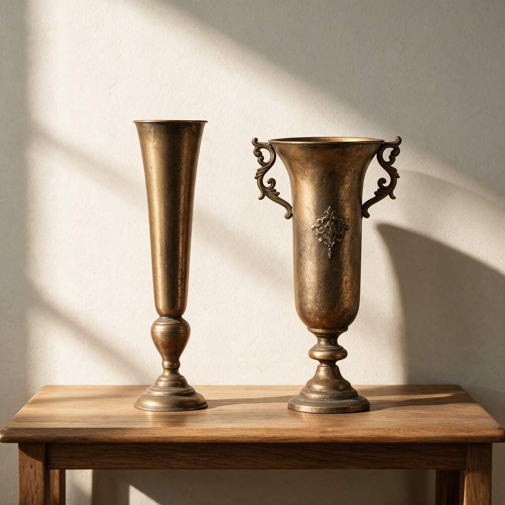 Slim and Royal Antique Gold Vases side by side showing the height and width difference