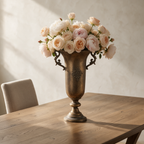 Royal Antique Gold Vase as a dining table centrepiece filled with blush roses and peonies