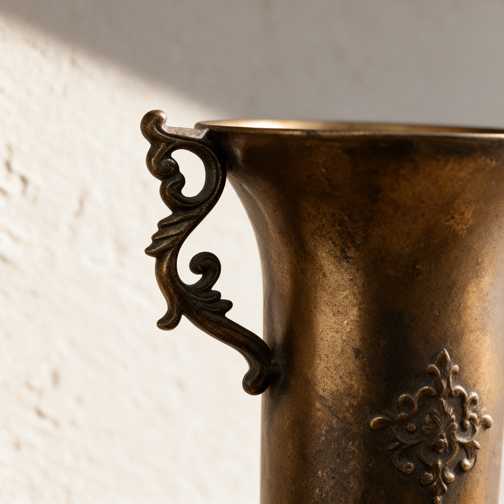 Close-up of the antique gold finish, scrolled cast handle and crest detail
