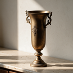 Royal Antique Gold Vase standing empty on a travertine sideboard, read as sculpture