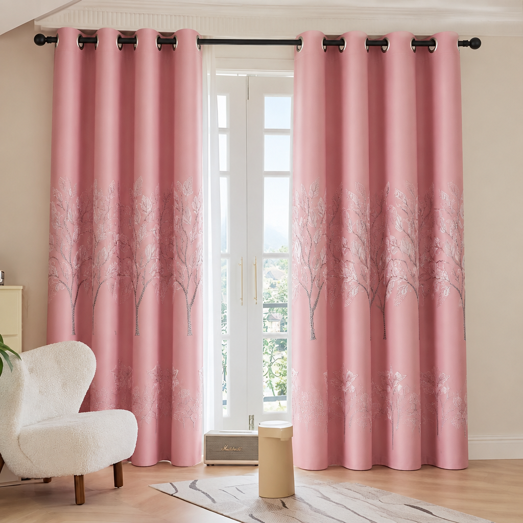 Elysian Leaf Blackout Curtain in Blush Rose with grommet top on a black rod
