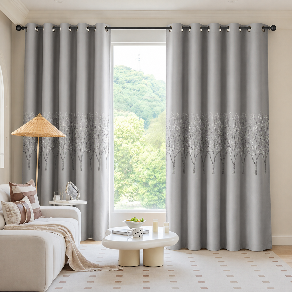 Elysian Leaf Blackout Curtain in Cloud Grey with grommet top on a black rod