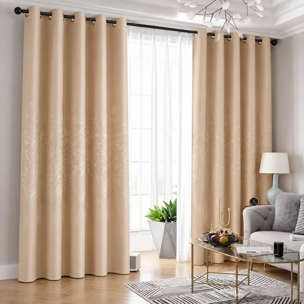 Elysian Leaf Blackout Curtain in Champagne Beige with grommet top on a black rod