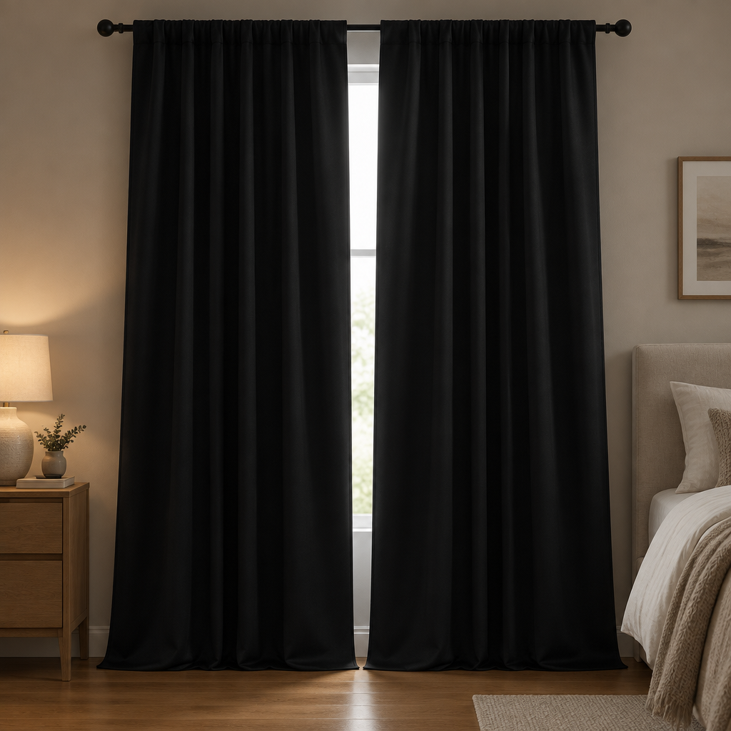 Noiréa Thermal Blackout Curtains in Black, rod pocket, drawn in a dim bedroom