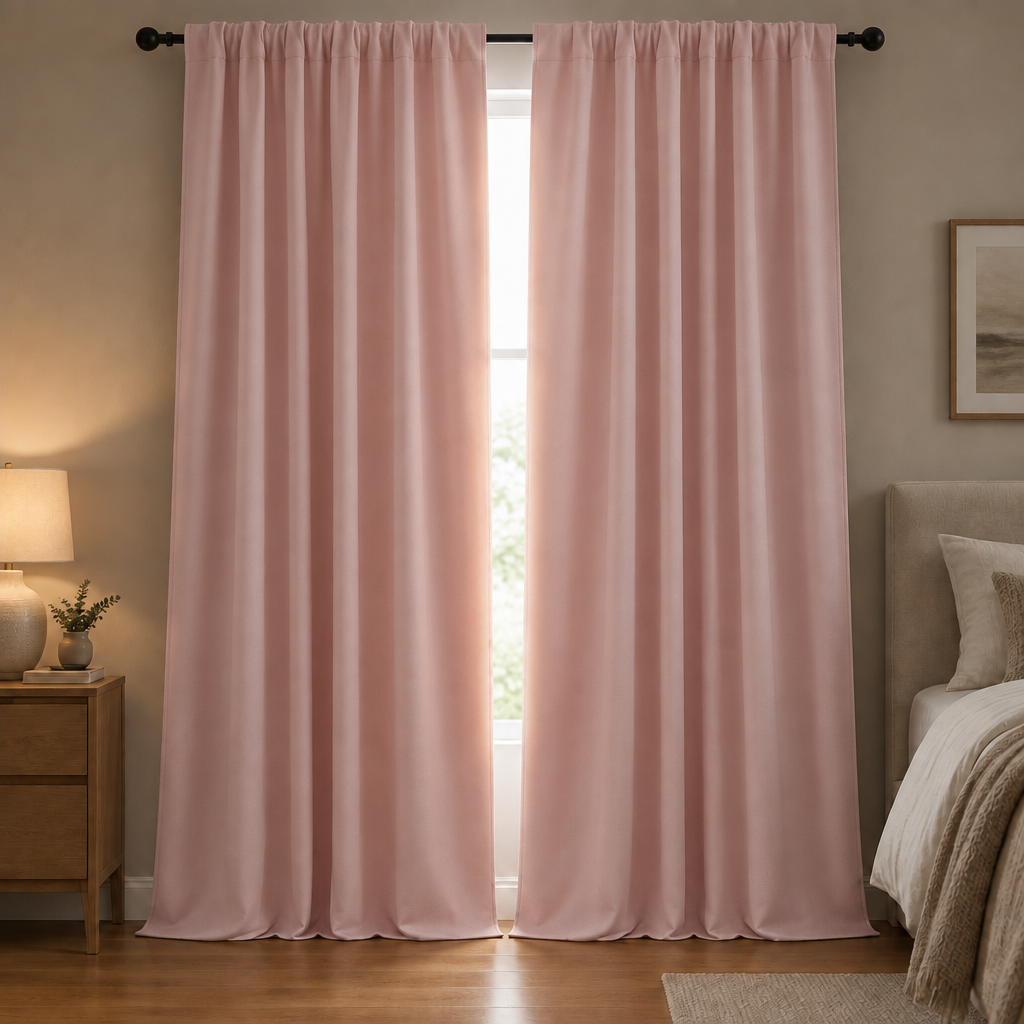 Noiréa Thermal Blackout Curtains in Blush Pink, rod pocket, drawn in a bedroom