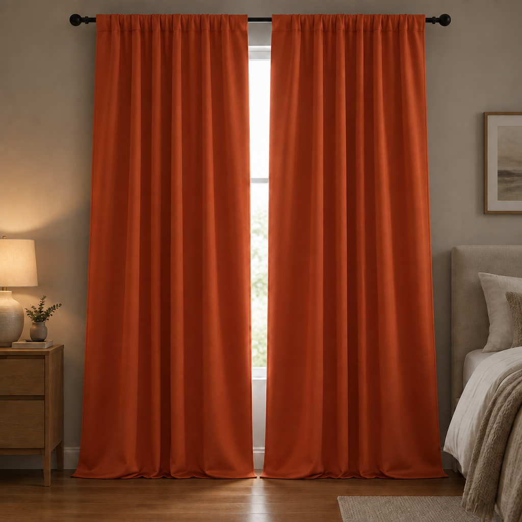 Noiréa Thermal Blackout Curtains in Orange, rod pocket, drawn in a dim bedroom