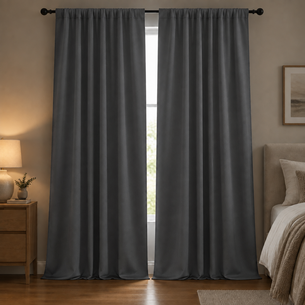 Noiréa Thermal Blackout Curtains in Dark Grey, rod pocket, drawn in a dim bedroom