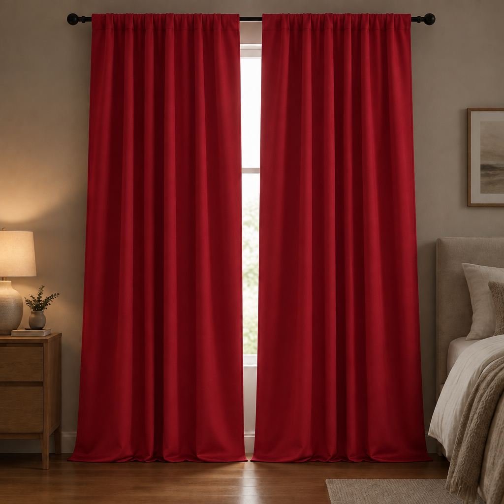 Noiréa Thermal Blackout Curtains in Red, rod pocket, drawn in a dim bedroom