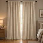 Noiréa Thermal Blackout Curtains in Beige, rod pocket, drawn in a bedroom