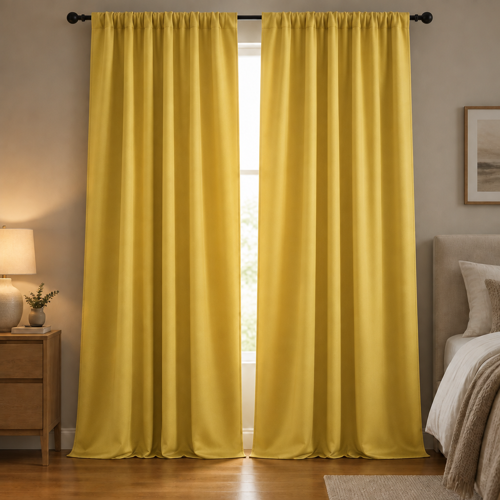Noiréa Thermal Blackout Curtains in Yellow, rod pocket, drawn in a bedroom