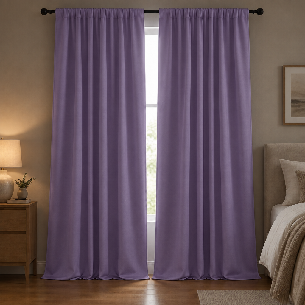 Noiréa Thermal Blackout Curtains in Purple, rod pocket, drawn in a dim bedroom