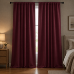 Noiréa Thermal Blackout Curtains in Burgundy, rod pocket, drawn in a dim bedroom