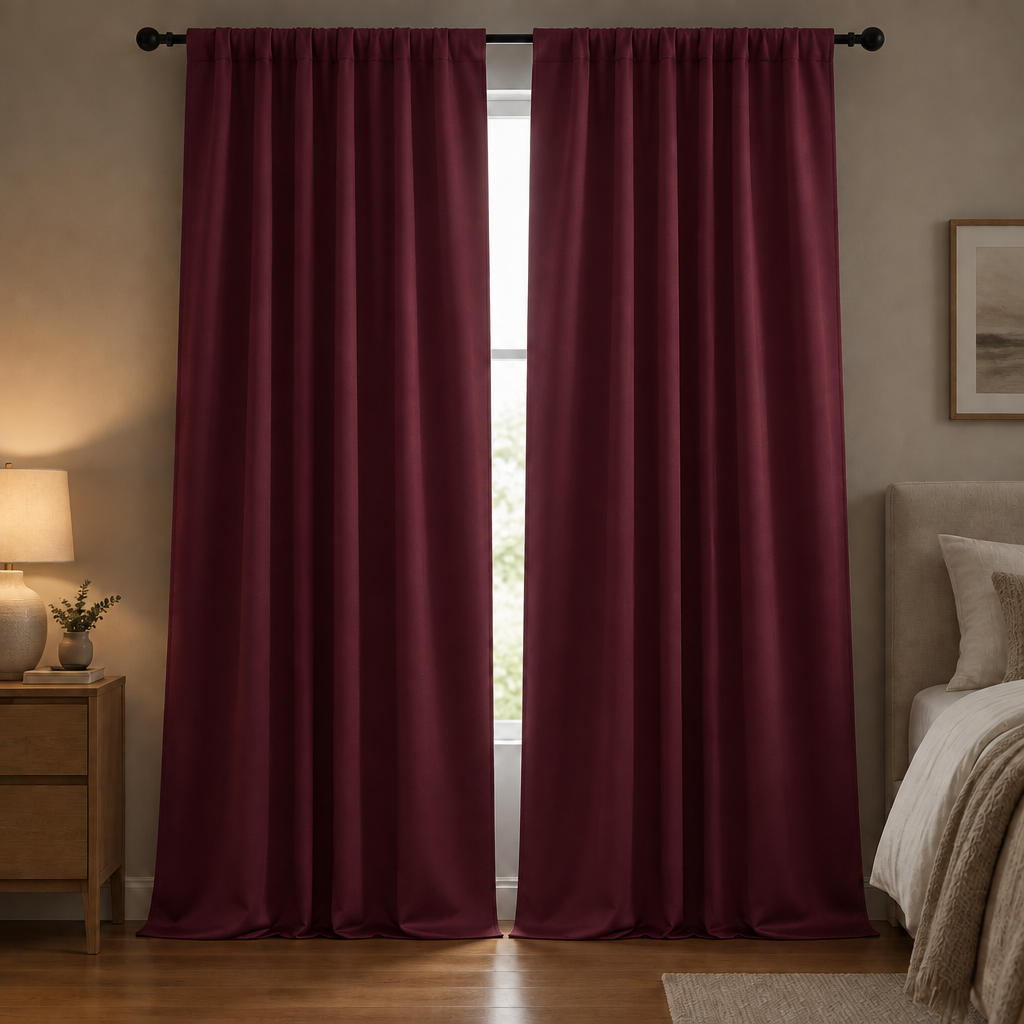 Noiréa Thermal Blackout Curtains in Burgundy, rod pocket, drawn in a dim bedroom