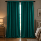 Noiréa Thermal Blackout Curtains in Teal Green, rod pocket, drawn in a dim bedroom