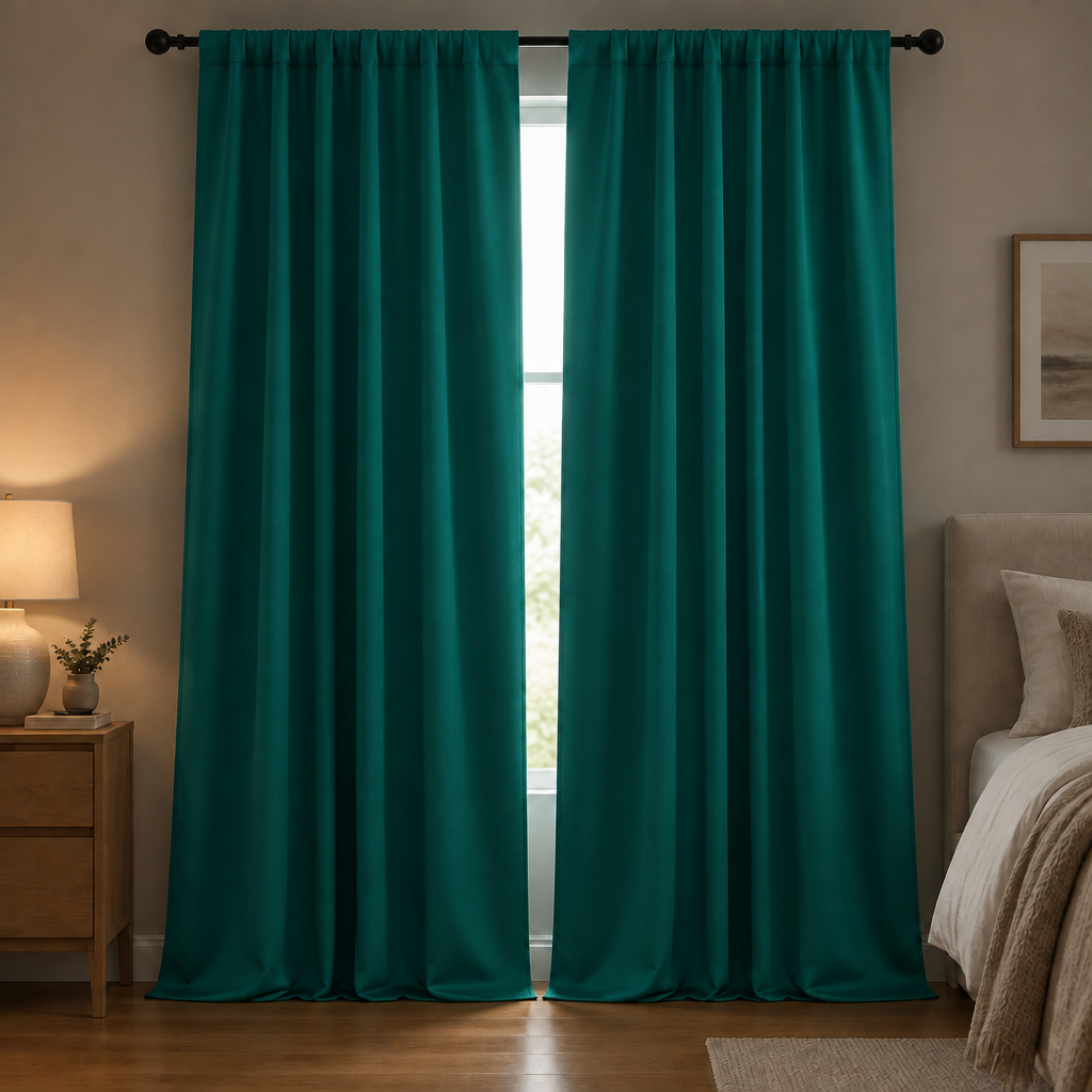 Noiréa Thermal Blackout Curtains in Teal Green, rod pocket, drawn in a dim bedroom