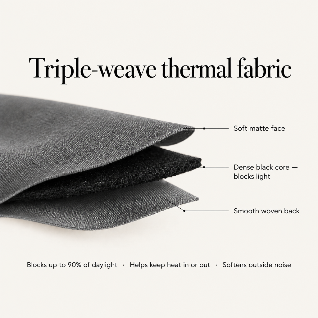 Noiréa triple-weave thermal fabric: soft matte face, dense black core, smooth woven back