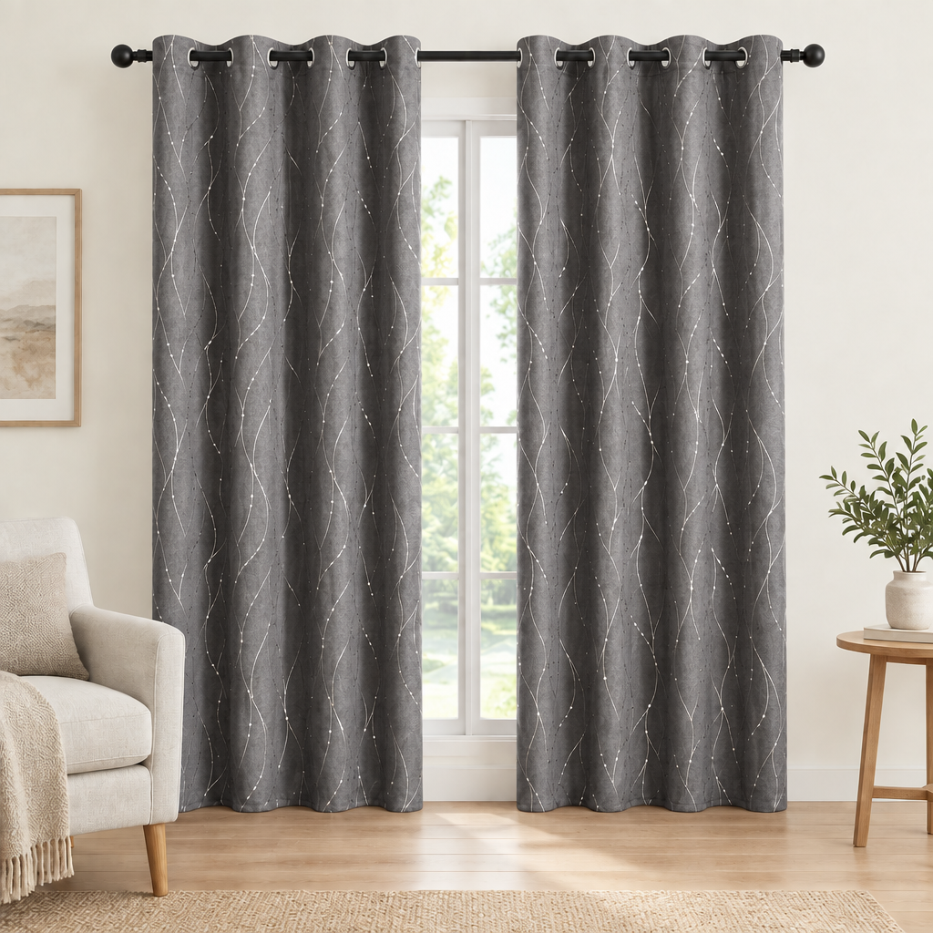 Gleam Chic Blackout Curtain in Steel Wave, two panels at a living room window